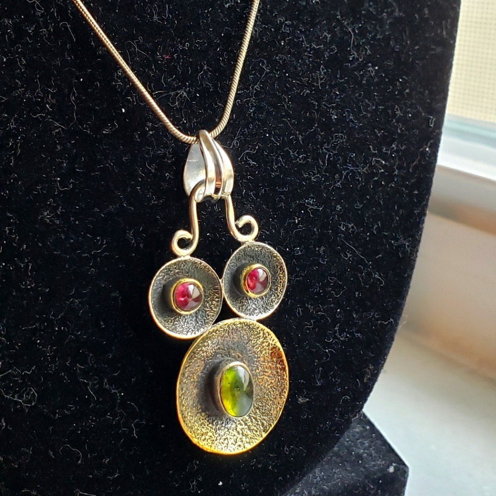 Sterling silver pink and green tourmaline necklace